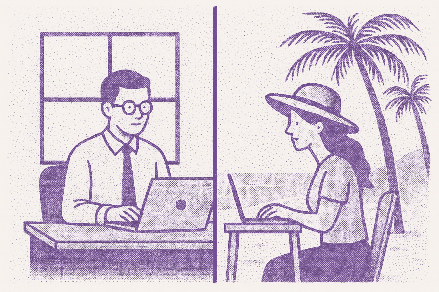 Comparison of traditional office work versus digital nomad working remotely