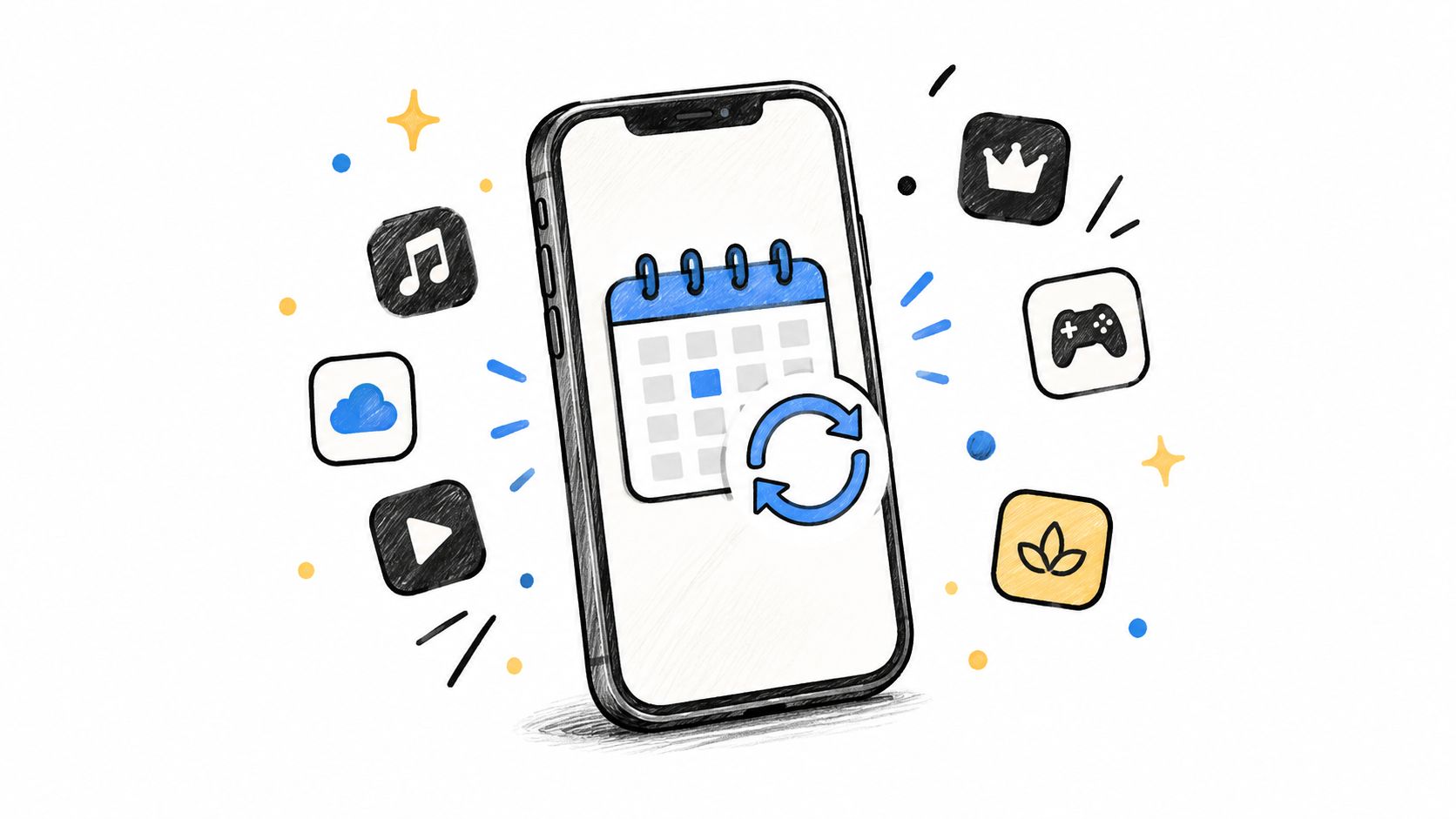 A hand-drawn illustration of a smartphone displaying a calendar icon with a refresh symbol, surrounded by app icons.