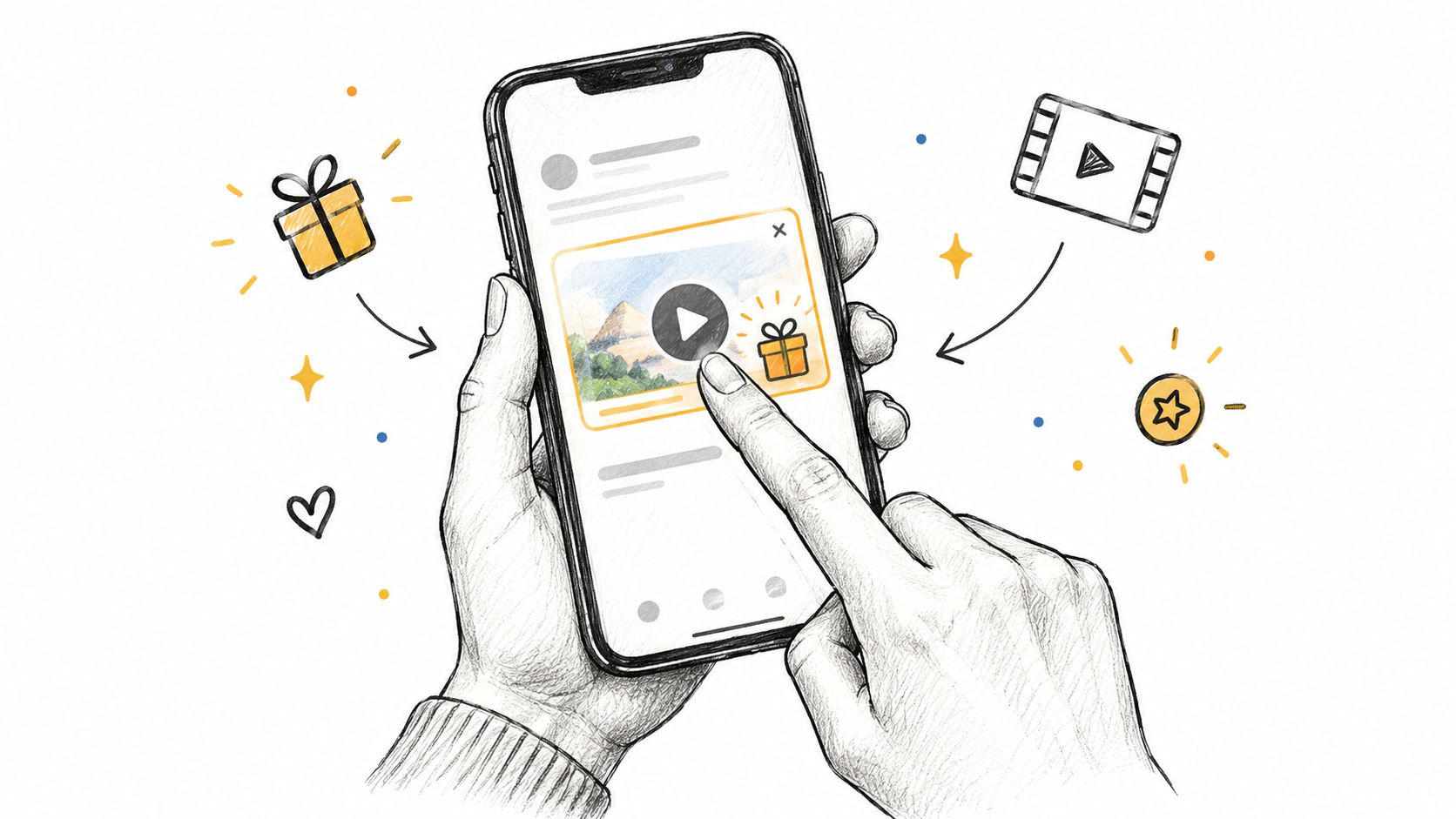 A hand holding a smartphone while tapping a video with a gift icon illustration on screen.