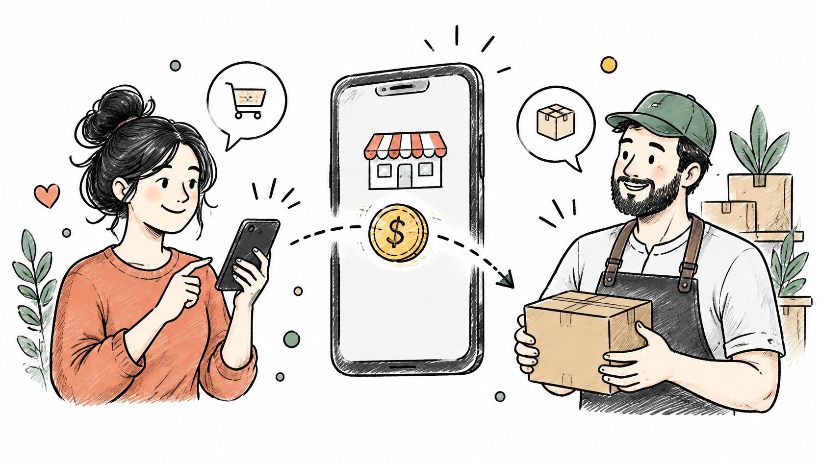 A woman using her smartphone to purchase online while a delivery person prepares a package shipment.