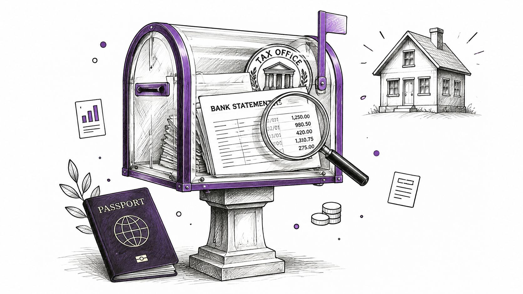 A mailbox containing bank statements and a tax office seal, accompanied by a passport and house sketch.
