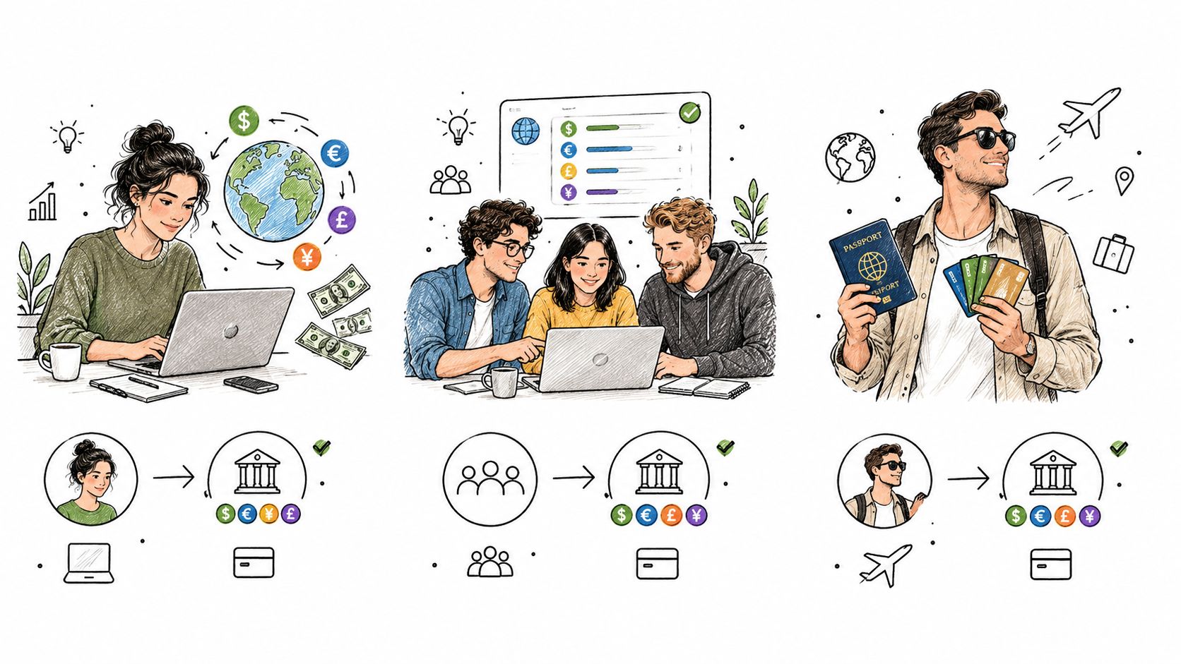 A digital illustration showing three scenarios for international banking: individual management, group collaboration, and travel abroad.