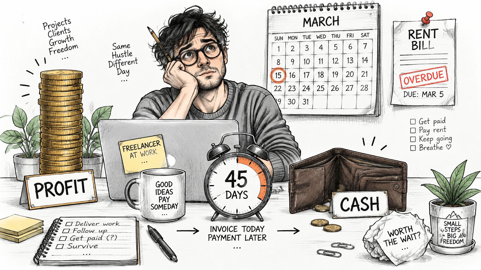 A pensive freelancer sits at a desk with an overdue rent bill and a long payment cycle.