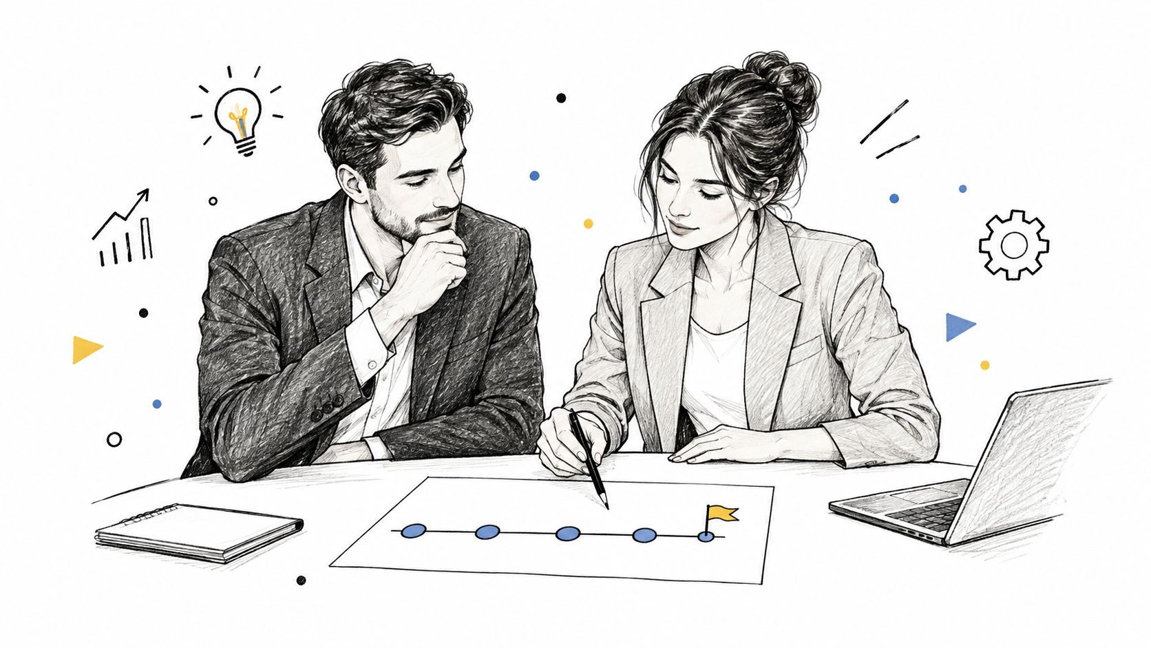 A professional man and woman collaborating together on a business timeline project in an office setting.