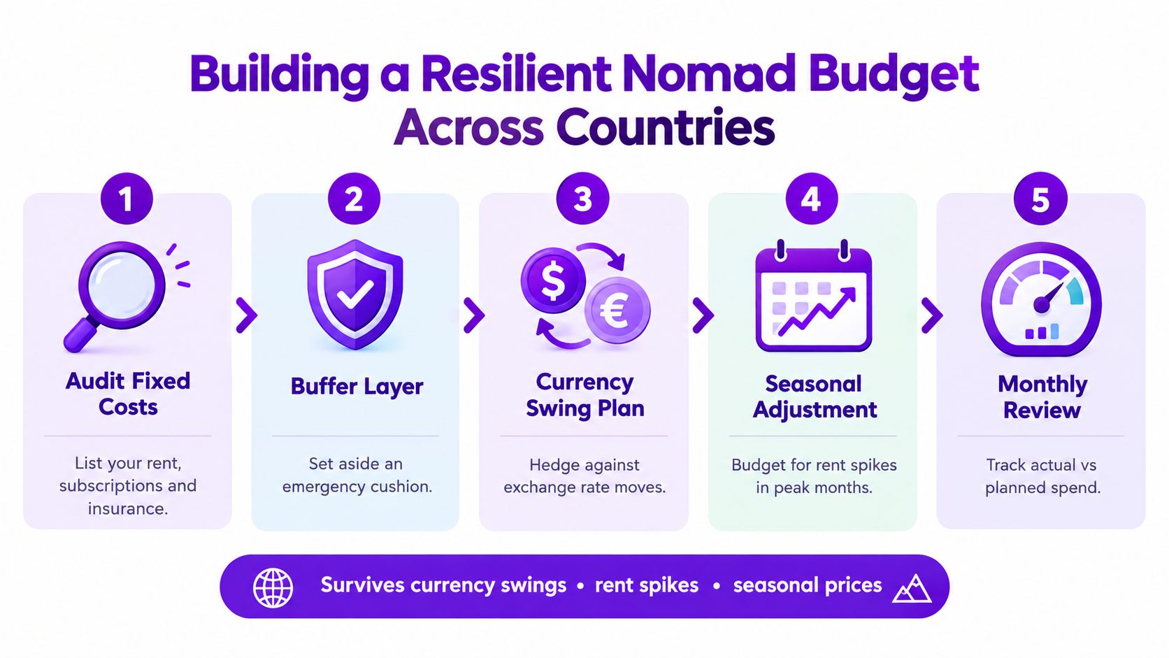 A five-step infographic guide on creating a resilient financial budget for digital nomads living across different countries.