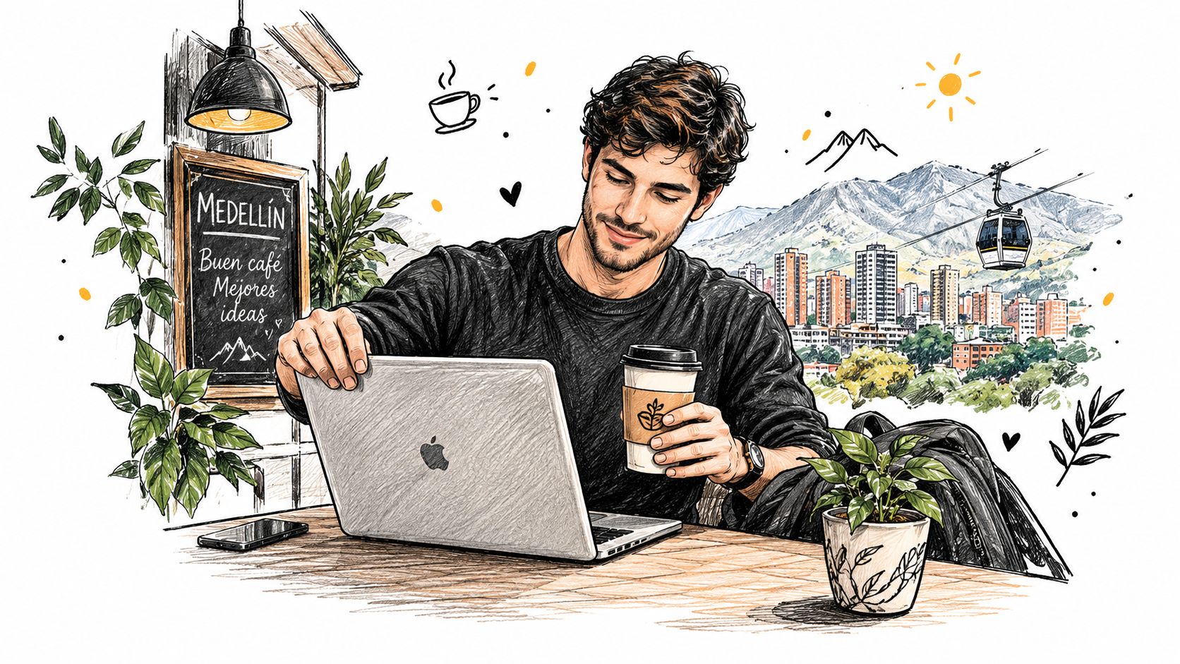 A digital nomad working on a laptop with a coffee in a scenic Medellín cafe setting.