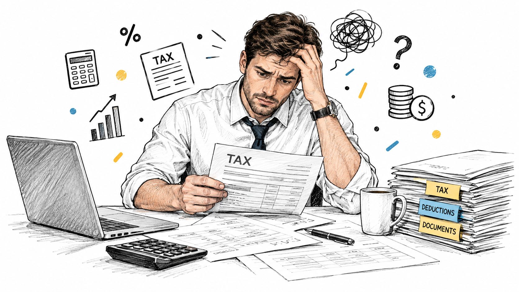 A stressed man sitting at a desk filled with tax documents, a laptop, and financial calculator.