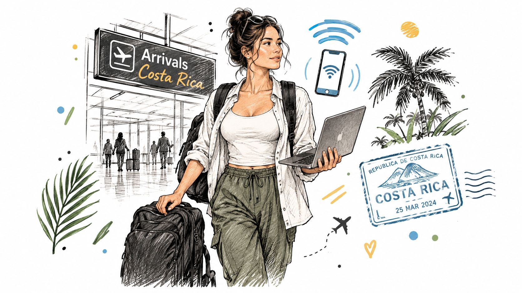 A digital nomad woman arriving in Costa Rica with her laptop, luggage, and phone, travel concept illustration.