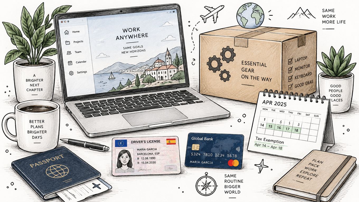 A workspace flatlay featuring a laptop, passport, driver's license, credit card, and travel gear for digital nomads.