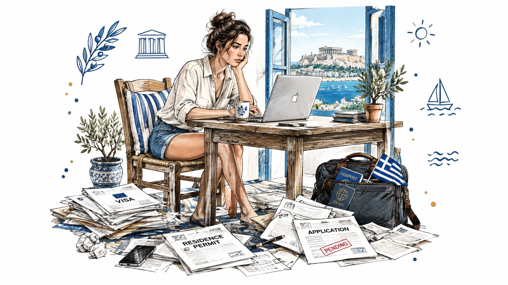 A woman working on a laptop surrounded by Greek visa and residency application paperwork in Greece.