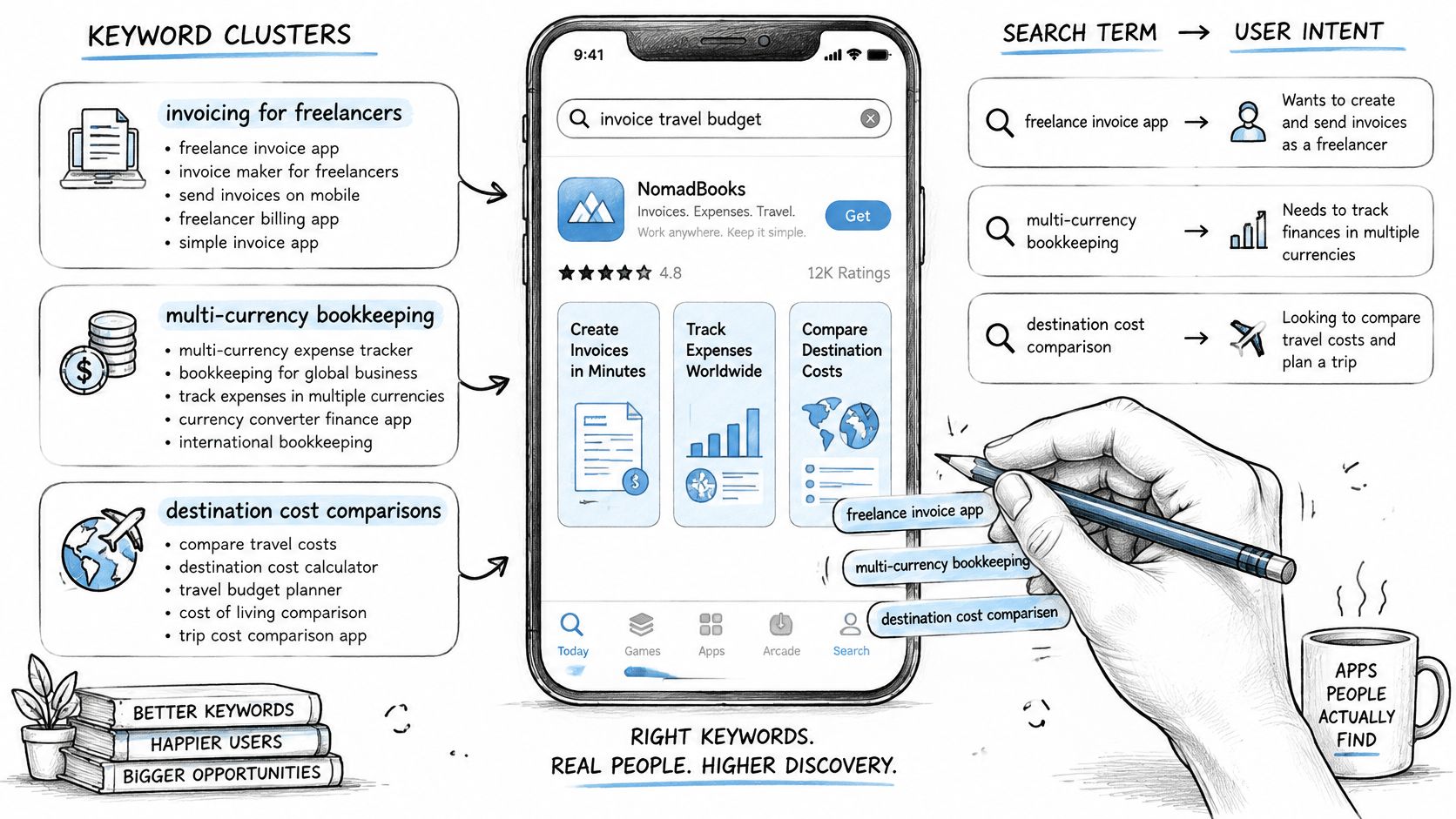 An infographic showing how to map keyword clusters to search intent for effective mobile app store optimization.