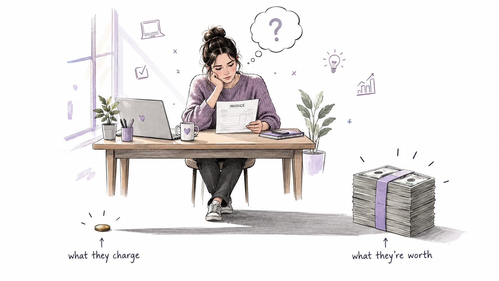 A pensive freelancer sitting at a desk with an invoice, comparing a single coin to a large stack of money.