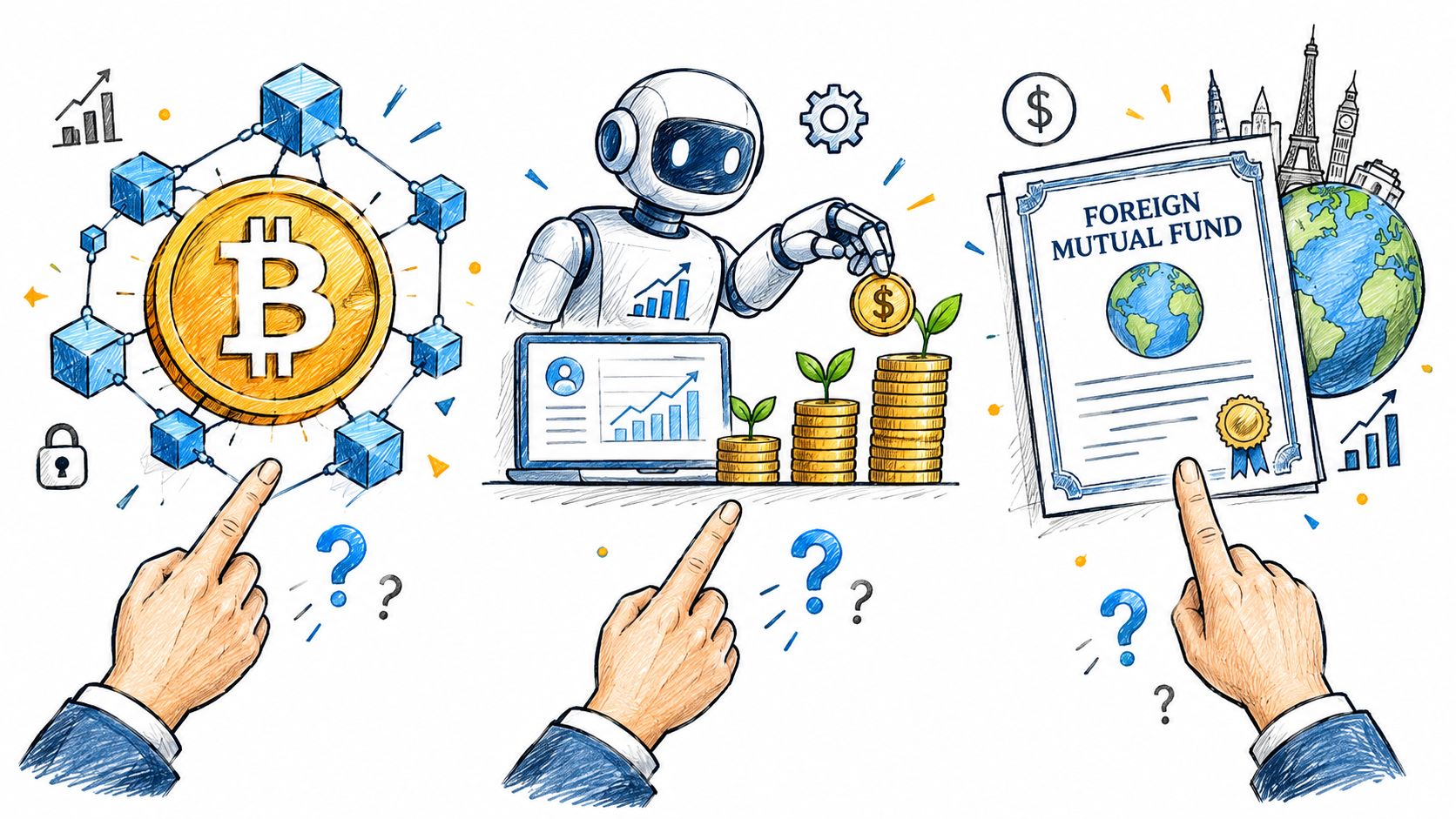 A hand pointing at digital investment options including cryptocurrency, automated robot trading, and foreign mutual funds.