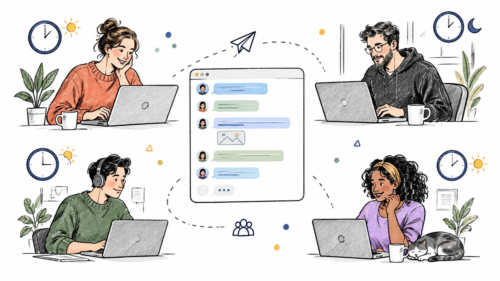 Un grupo de cuatro personas colaborando en remoto con portátiles mientras conversan en una interfaz digital central.