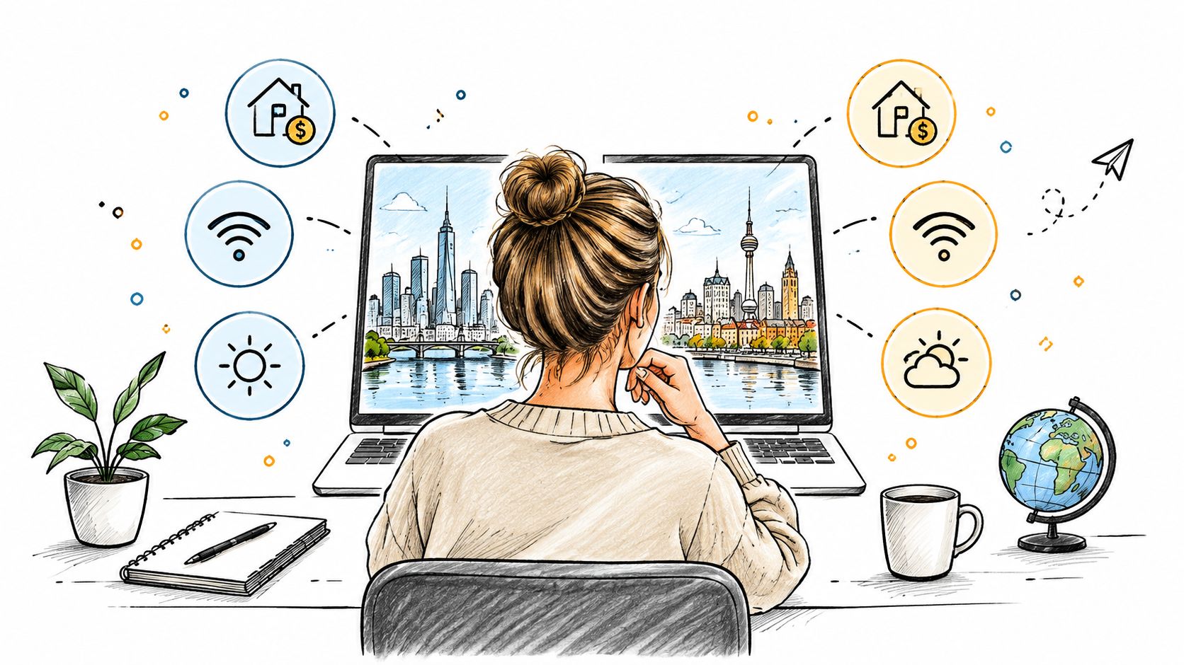 Una mujer trabajando en un portátil rodeada de iconos digitales de viajes, clima y trabajo remoto.