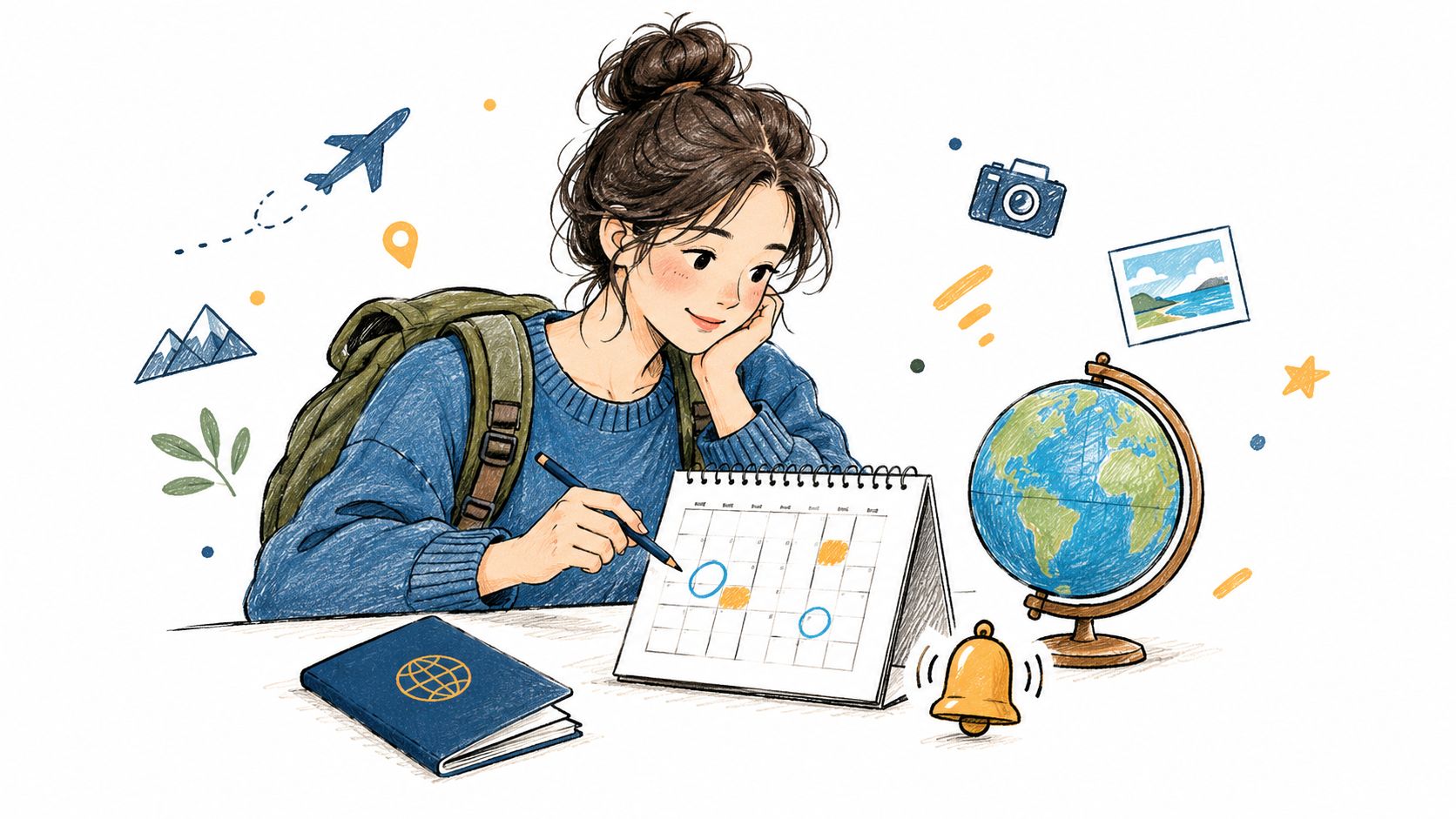Una joven con mochila planifica sus viajes en su escritorio con un calendario, un globo terráqueo y un pasaporte.