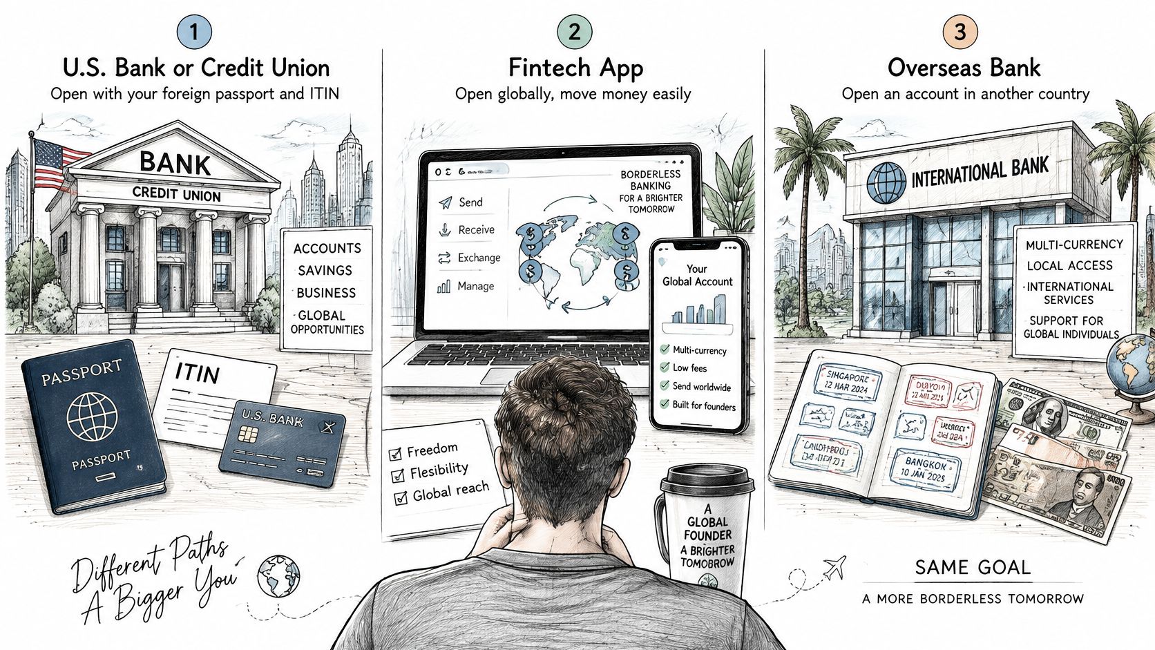 An illustration showing three paths for international banking: US banks, fintech apps, and overseas banking options.