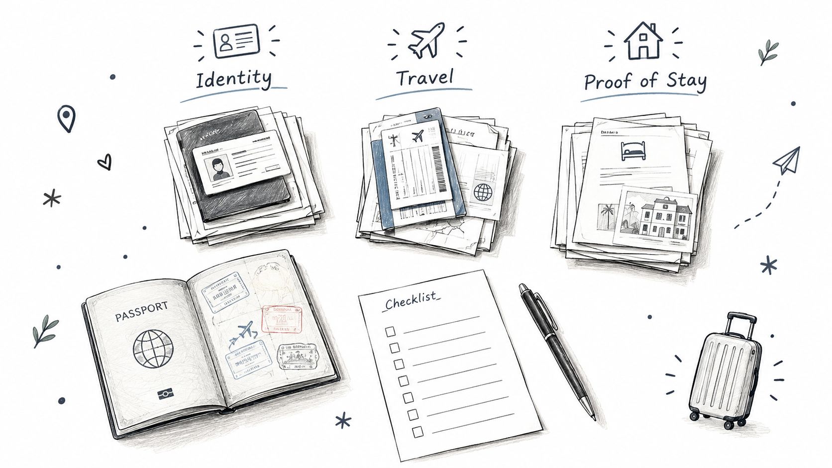 A hand-drawn illustration showing travel documents including identity papers, flight tickets, proof of stay, a passport, and a checklist.