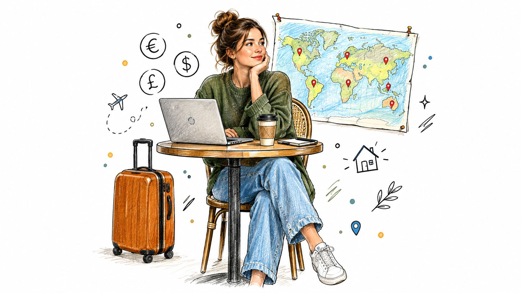 Una nómada digital sentada a una mesa con un portátil, una maleta y un mapa del mundo planificando sus viajes.